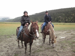 Me and my better half aboard our beasts of burden Sage and . . . I can't remember the other horse's name.  Dyea Valley, Alaska 2014.